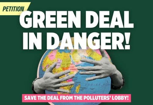 Image of arms surrounding the earth with the following inscription: Green deal in danger! Save the deal from the polluters' lobby!